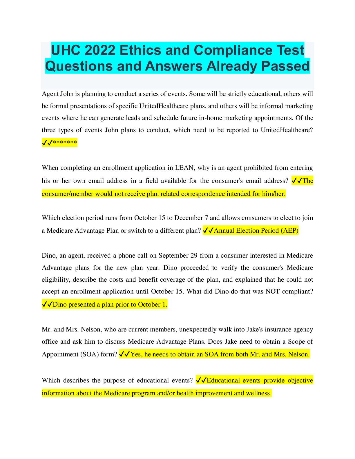Preview image for UHC 2022 Ethics and Compliance Test Questions and Answers Already Passed